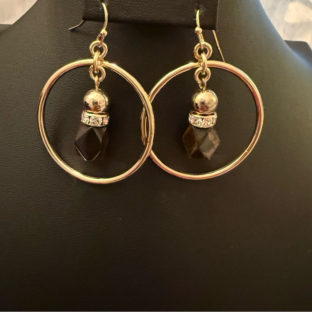 White House Black Market Gold and Black Hoop Earrings with Dangling Beads